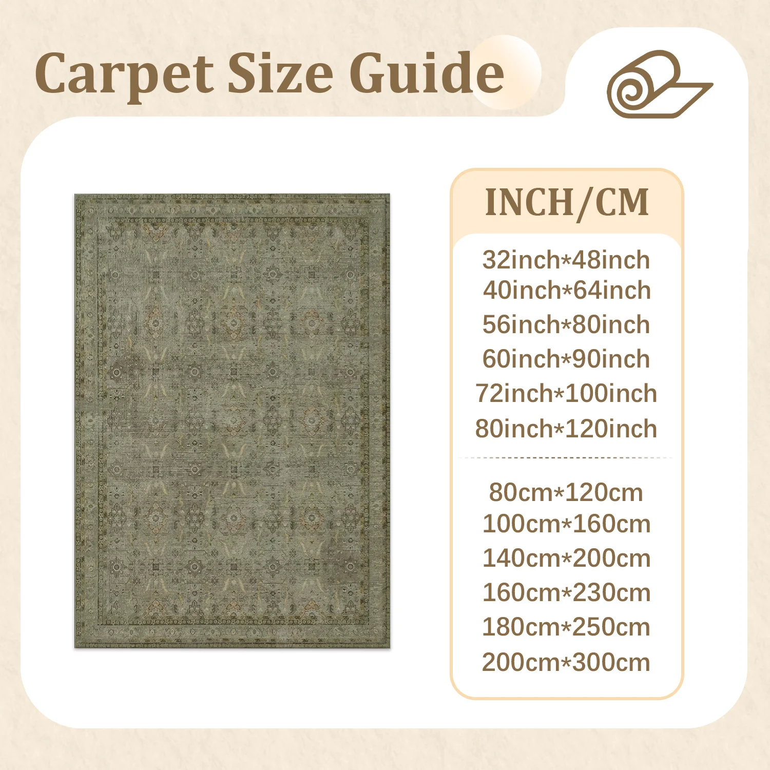 Large Indoor Area Rug, Soft Velvet Low Pile with Non-slip Dotted Backing, Machine Washable Vintage Traditional Muted Taupe Oriental Pattern for Living Room, Bedroom, Dining Areas