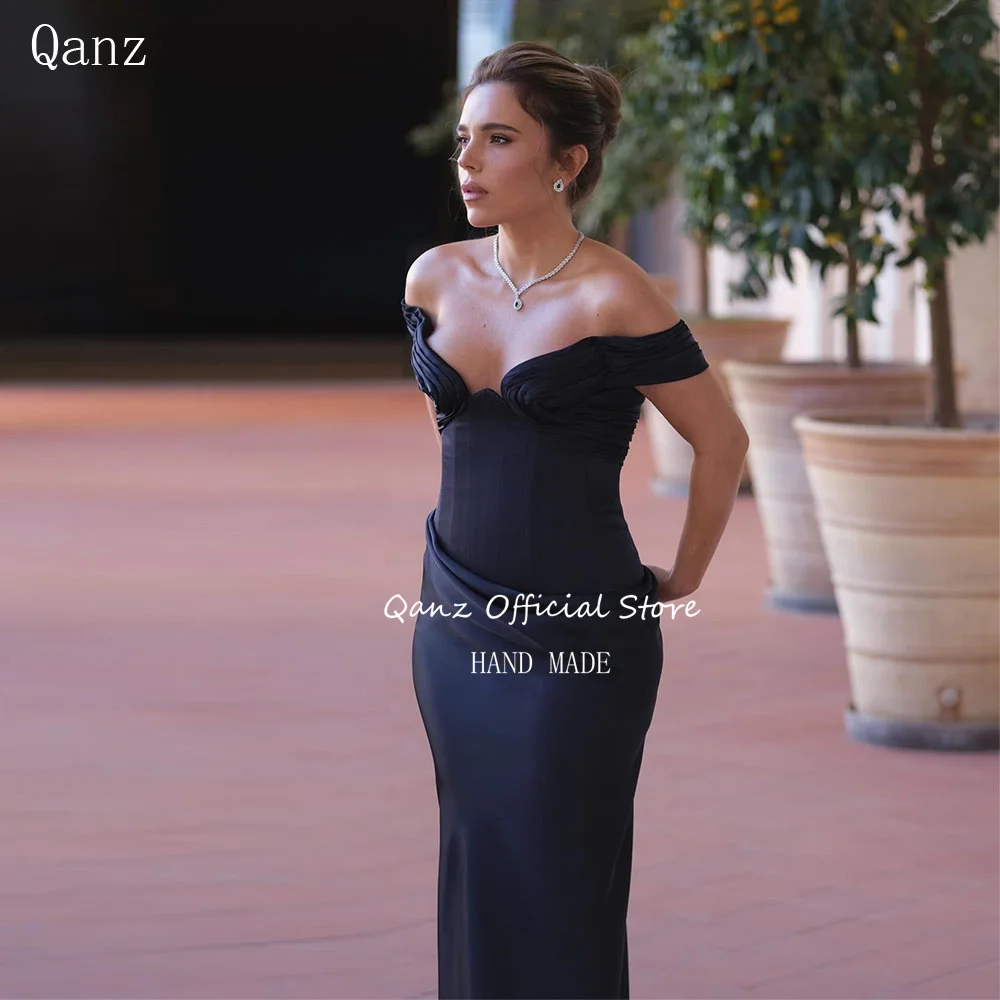 Qanz clássico preto vestido de baile sereia fora do ombro cetim formal vestidos de noite feminino fino-encaixe vestidos de fiesta personalizado