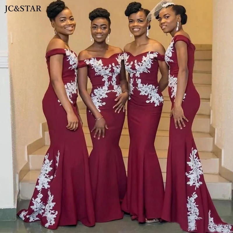 

bridesmaid dresses burgundy satin appliqué vestidos para bodas mujer invitada Off the Shoulder boho robe demoiselle d honneur fe