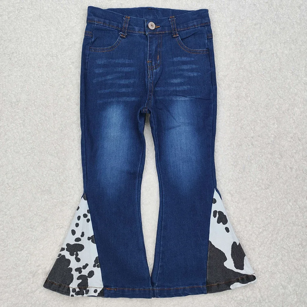 

Hot Sale Baby Girls Jeans Western Black White Cow Print Bell Denim Pants Girls Denim Bell Pants Wholesale Boutique Kids Clothes