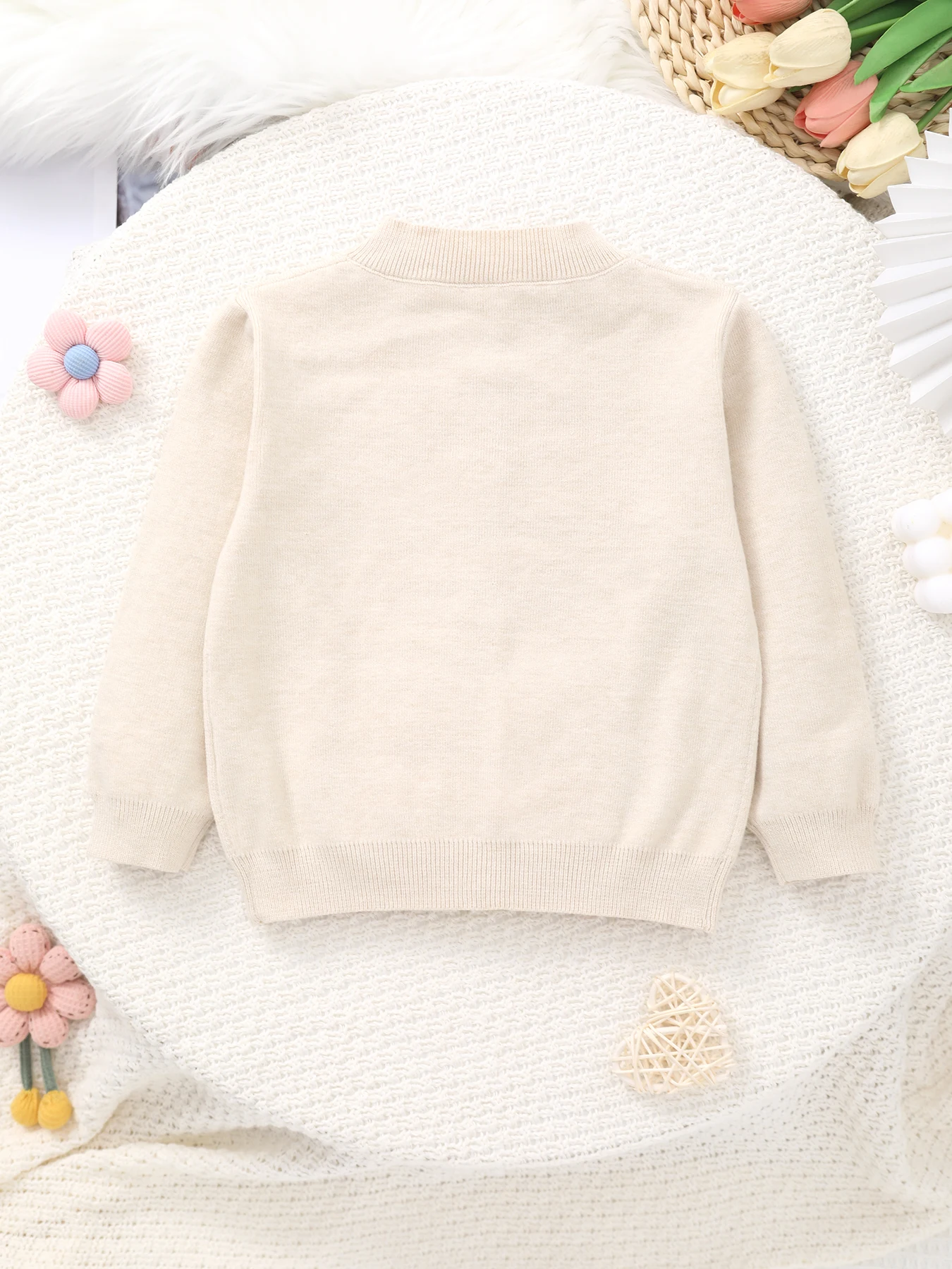 Sweet and Cute Baby Girl's Knitted Round-Neck Cardigan with Floral Pattern Embroidery, Warm and Skin-Friendly