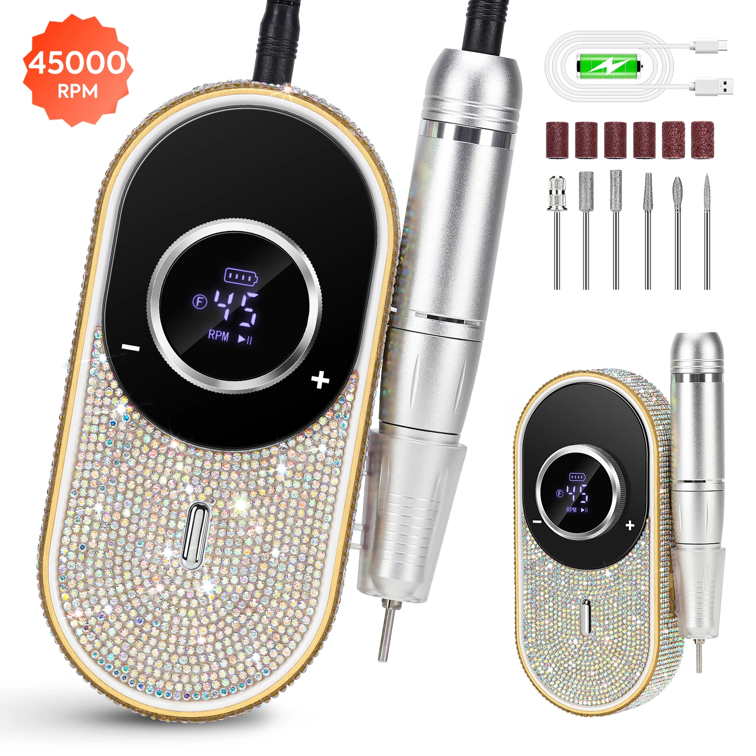 

Rhinestone-Encrusted Electric Nail Drill: 45000 RPM, Rechargeable, HD LCD Screen - Professional Salon-Grade Nail File