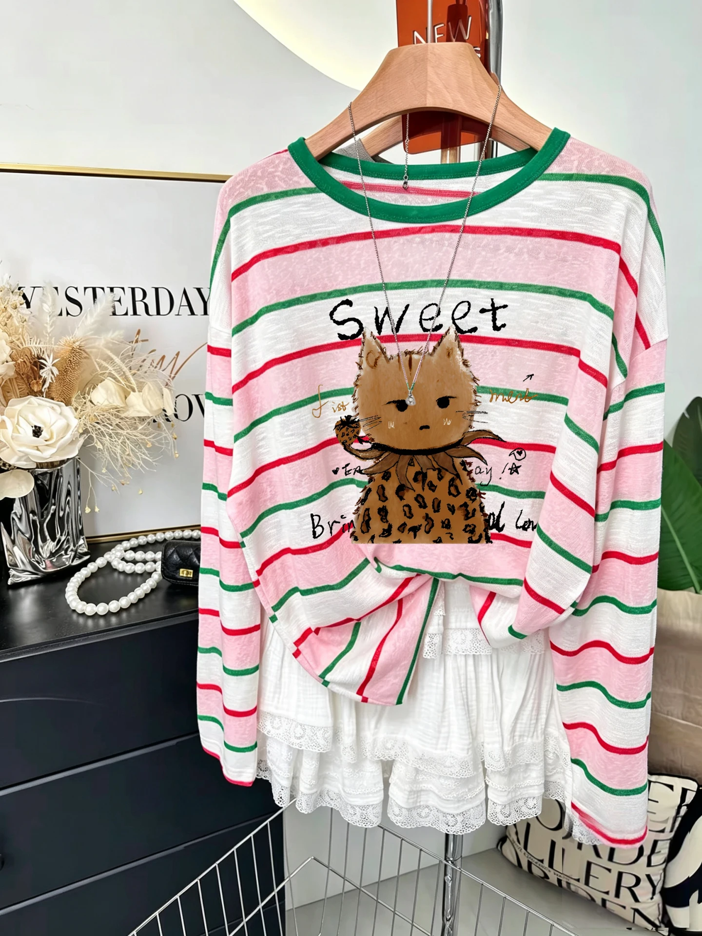 Korean Style Long Sleeve T-Shirt Women's Loose Fit Printed Thin Sun Protection Top Fashion Anti-Aging Striped Design Cotton