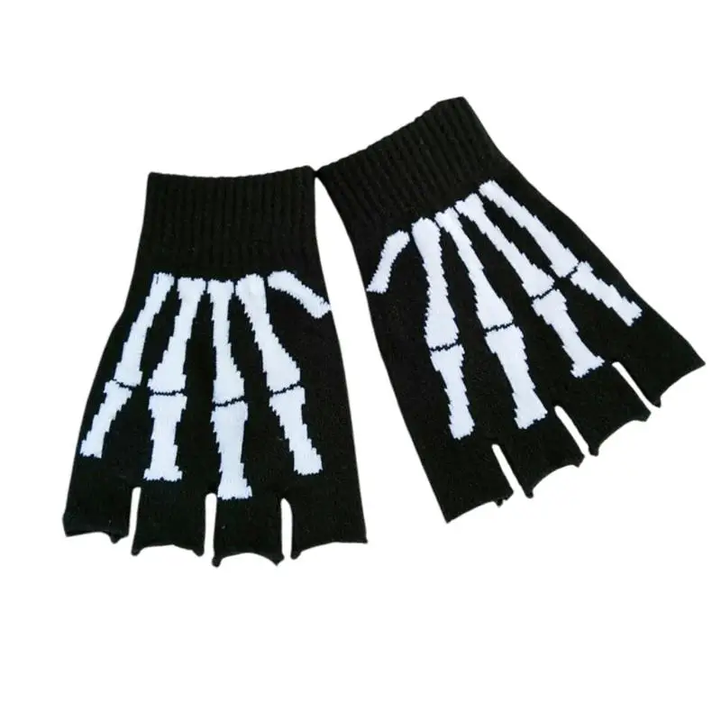 Skeleton Half Finger Gloves For Halloween Parties Soft Knit Breathable Unisex Design Easy To Carry Outdoor Costume Accessories