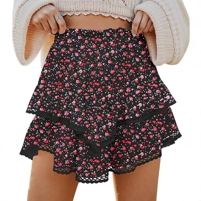 Casual Fashion Floral Bohemian Style Skirts High Waist Loose Layered Skirts for Women Summer Pleated Print Tennis A-line Skirt