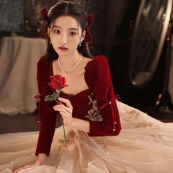 Sexy Square Collar Burgundy Velour Splicing Champagne Chiffon A-Line Evening Dress Women Gowns Robe De Soiree Cheongsam