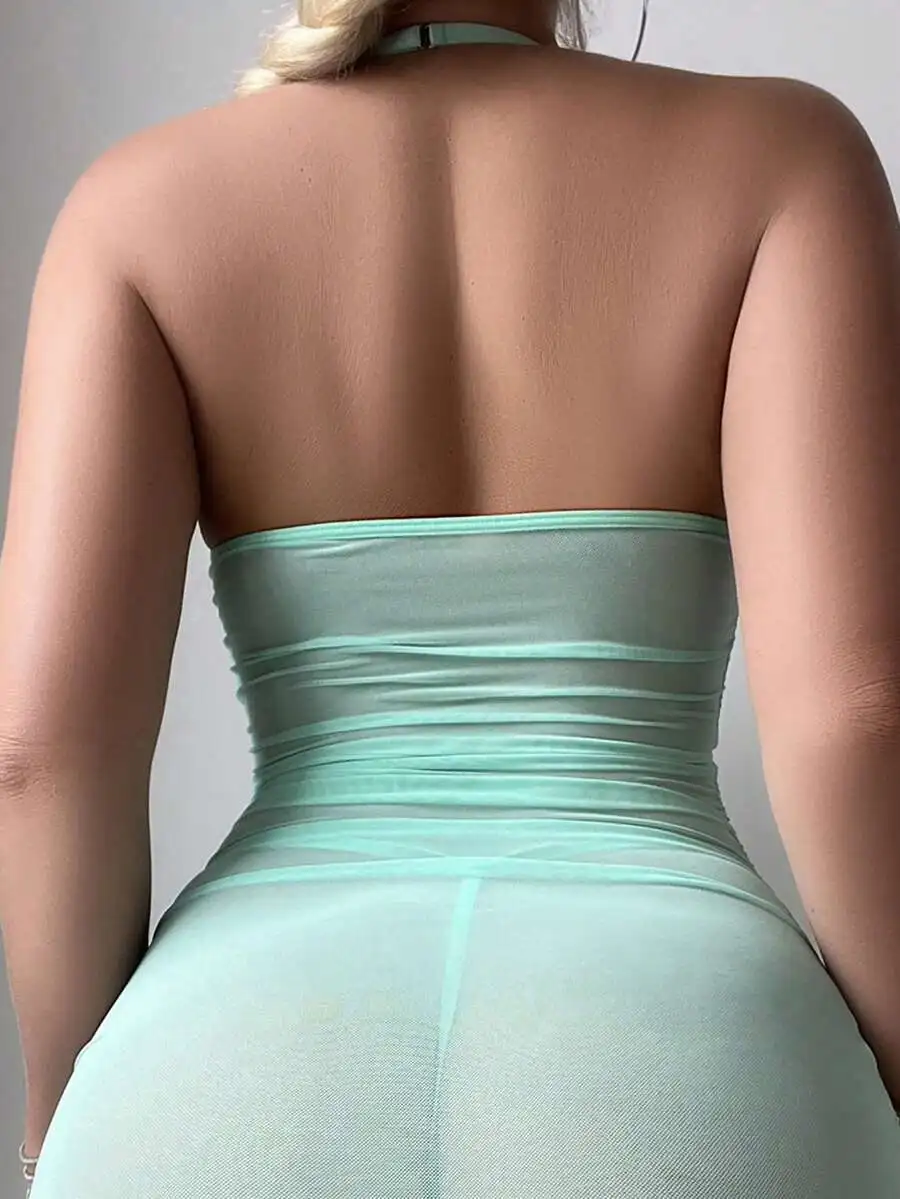 

Mint Green Sheer Ruched Two-Piece Babydoll Lingerie Set Featuring Halter Neckline And Open Back Design