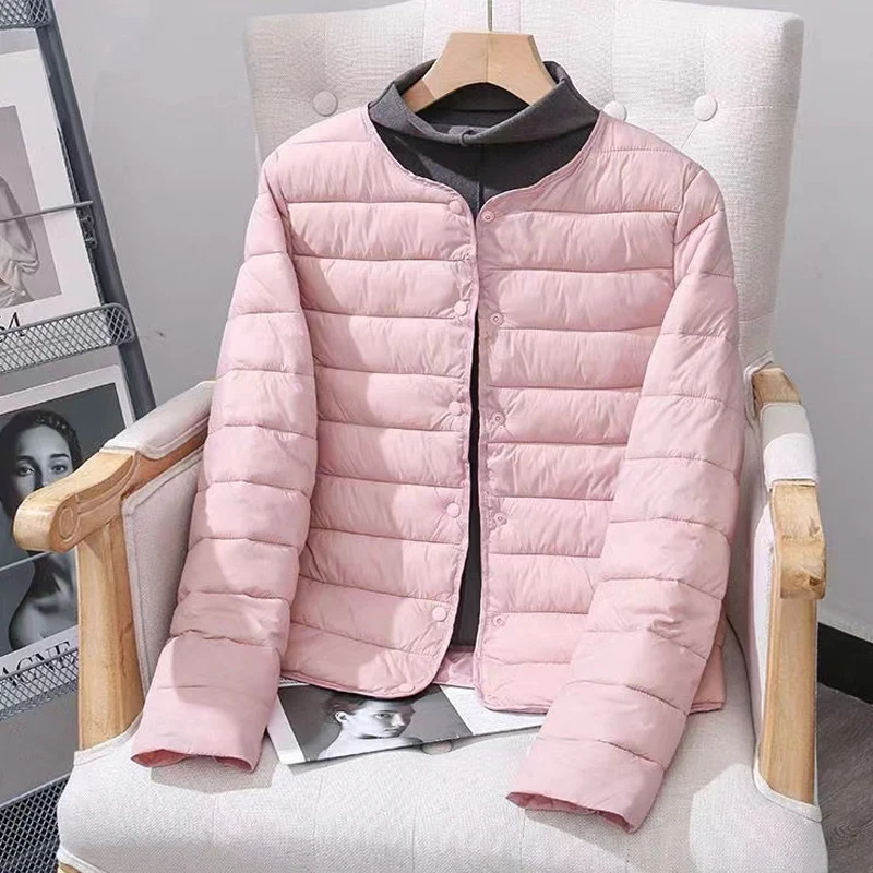 2024 New Winter Women Down Cotton Jackets Collarless Button Light Weight Warm Coat O-Neck Bottom Liner Female Fluffy Parkas