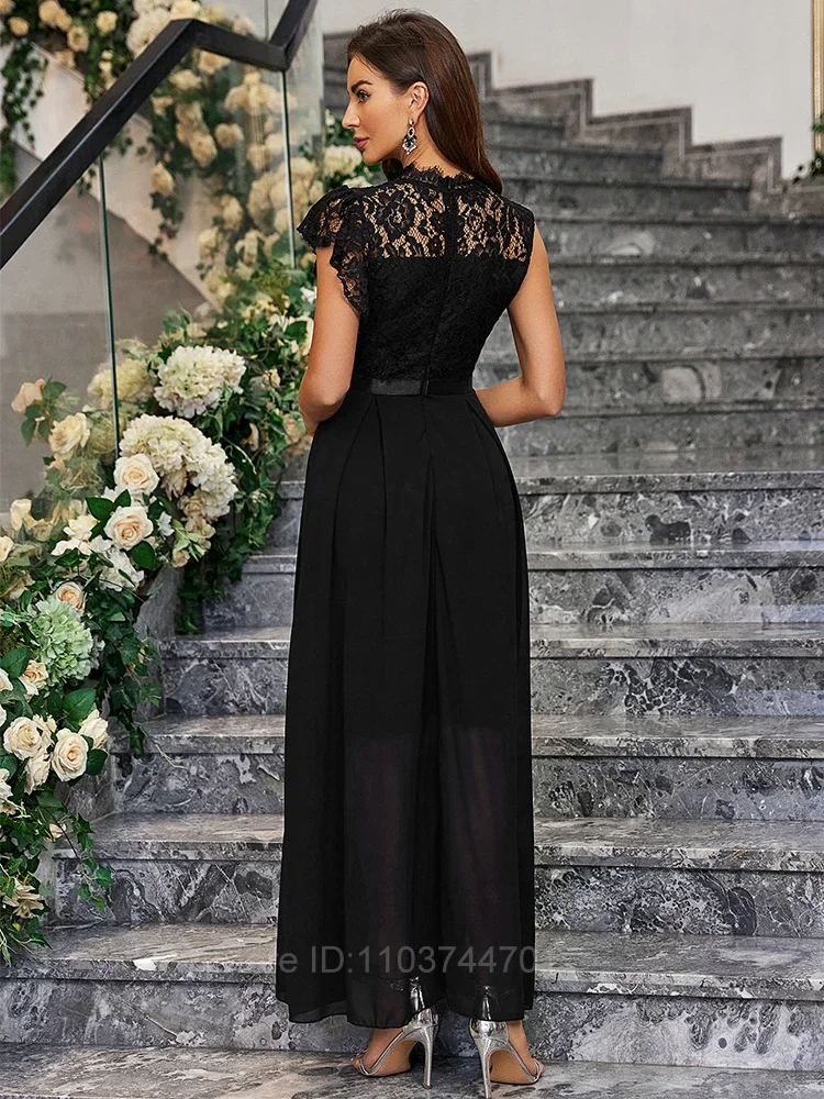 Vestidos de Noche para mujer, vestido largo elegante de cintura alta con cuello redondo, vestido de moda para fiesta y boda, vestido de gasa de encaje empalmado 2024