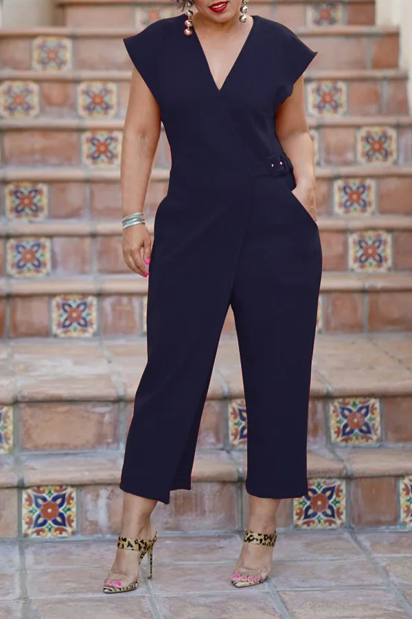 Summer Wide Leg Pant Jumpsuit Women Casual Solid V Neck Sleeveless High Waist Asymmetric Pocket Pant Jumpsuit Romper with Belt