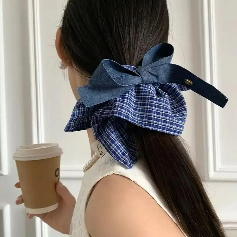 2025, neue marineblaue karierte quadratische Haargummis, übergroße Schmetterlings-Haarbänder, Haarbündel für junge Mädchen, elegante Haargummis, Seile