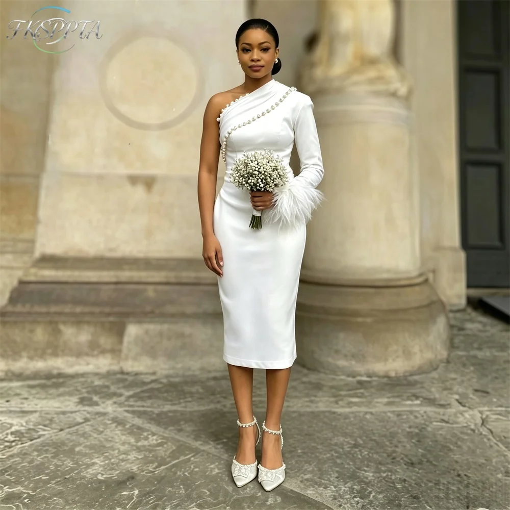 White Satin Sheath Wedding Dress One Shoulder Full Sleeve Big Pearls Feathers African Bridal Gowns For Wedding Party Custom Made