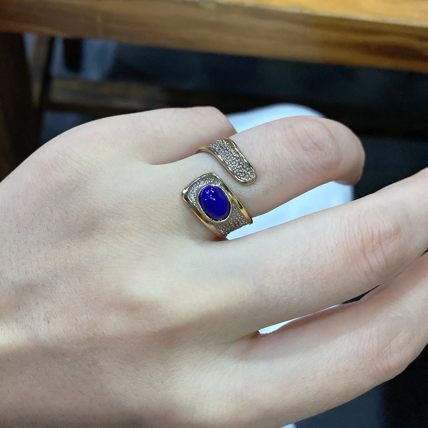 1 قطعة Fengbaowu اللازورد الطبيعي البيضاوي كابوشون الدائري 8x8.5 مللي متر 925 فضة الريكي أحجار استشفاء خاتم هدايا مجوهرات أنيقة #2