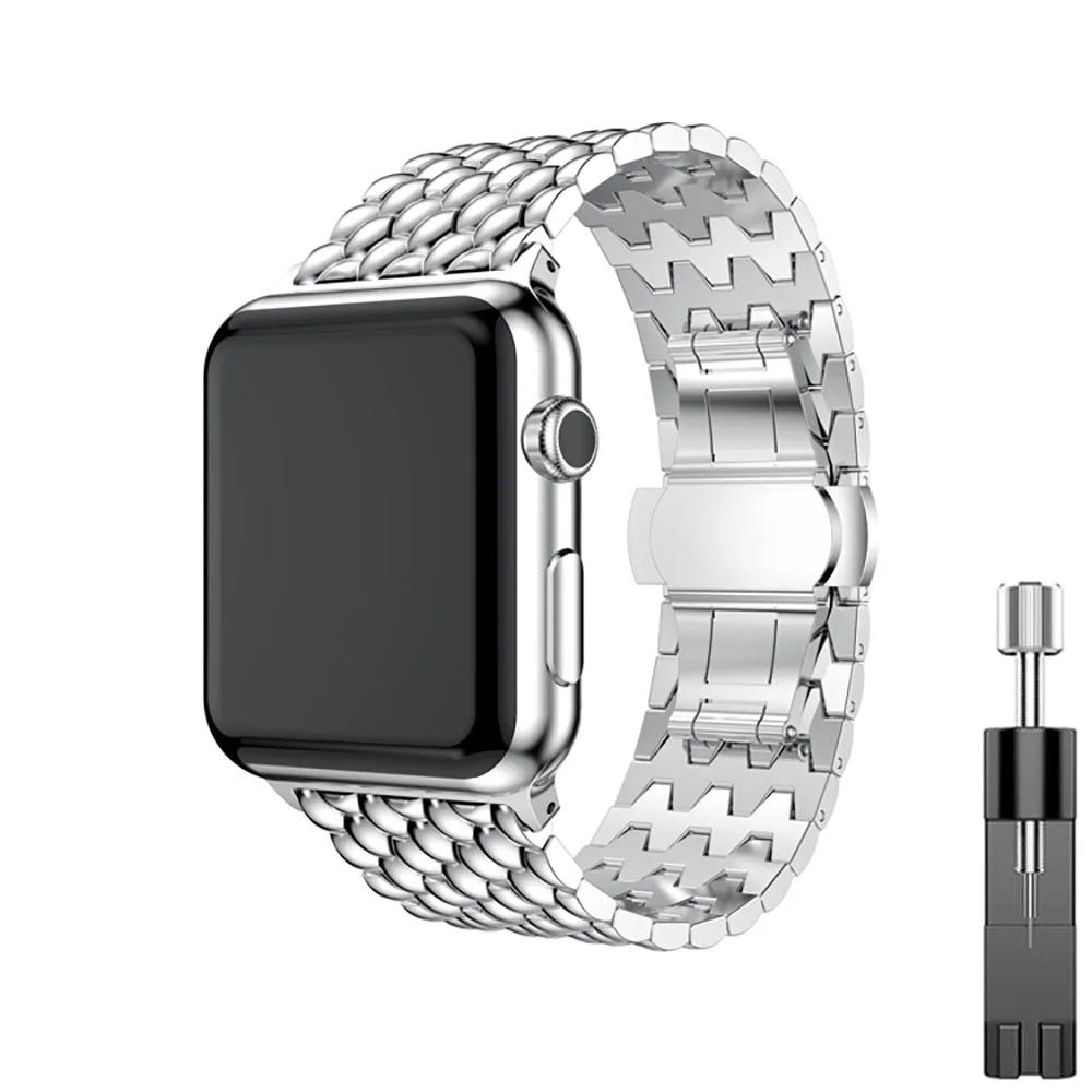 Stilvolles Edelstahlarmband für die Apple Watch-Serie, Drachenmuster, Metallkette, Schmetterlingsschnalle, Armband, Apple Watch-Armband