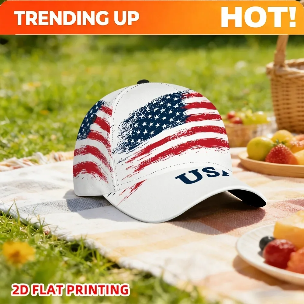 Custom Hats 1pc 2D Flat Independence Day American Flag Artwork Baseball Cap, Adjustable Snapback Hat, Lightweight Comfortable