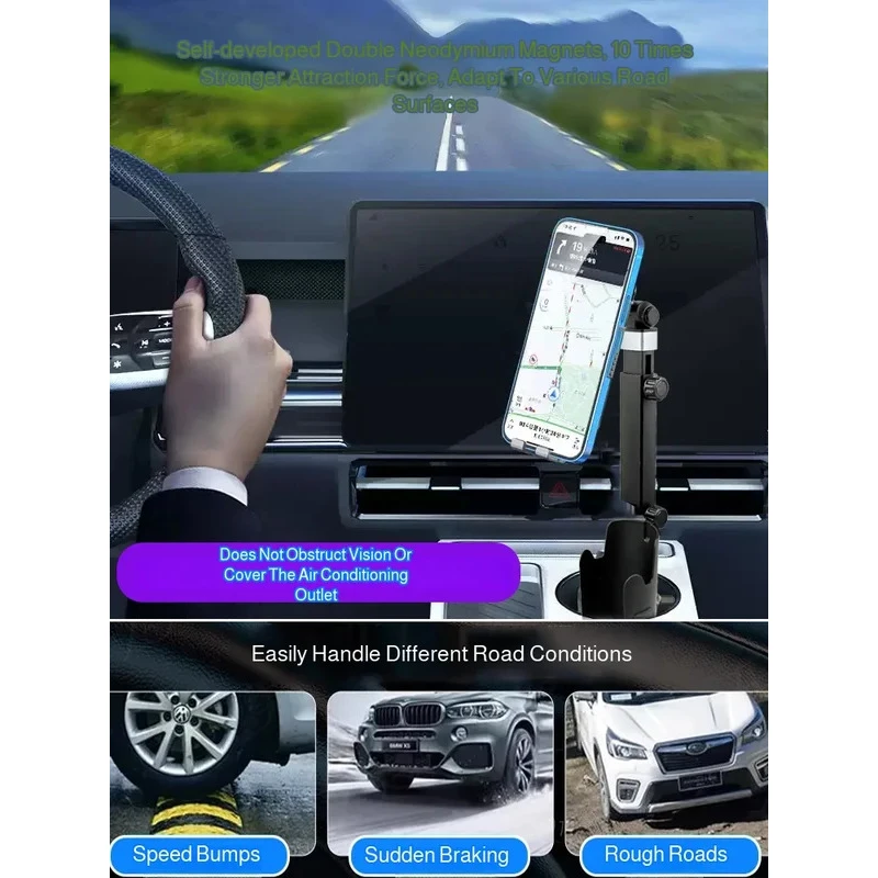 Universal Car Magnetic Mobile Phone Holder with Cup Holder Function 2-in-1 Vertical Horizontal Rotation