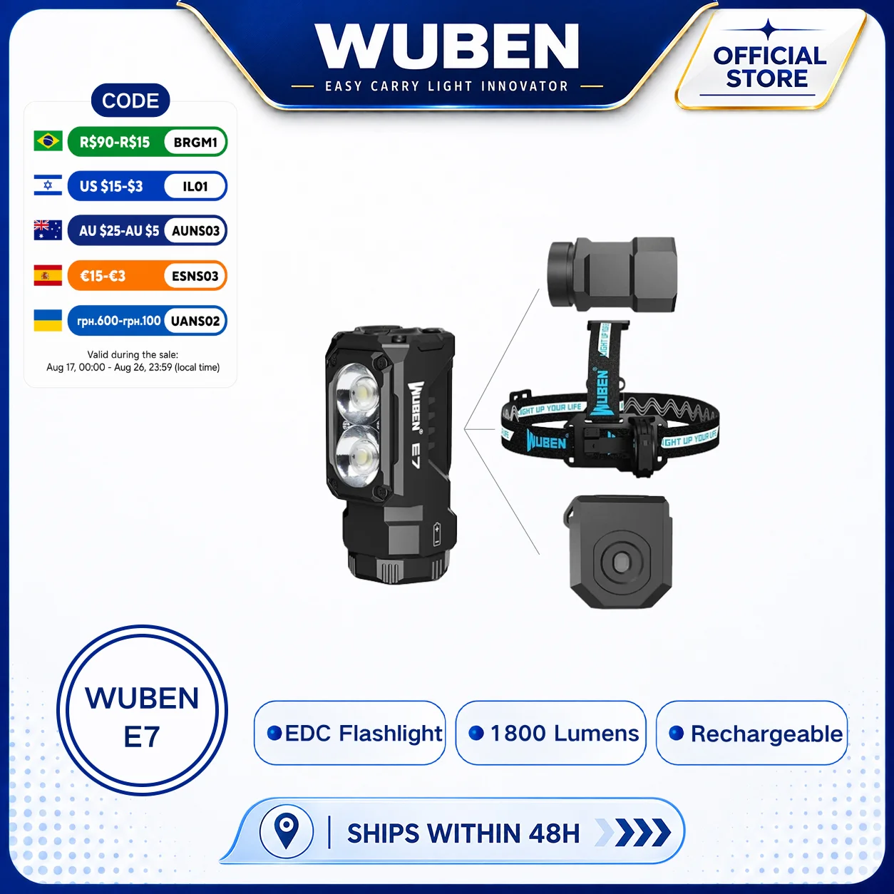 WUBEN E7 1800 Lumen Rechargeable Mini Flashlight 6 Modes EDC Flashlight Torch Typ-C Rechargeable LED IPX8 Pocket Flashlight