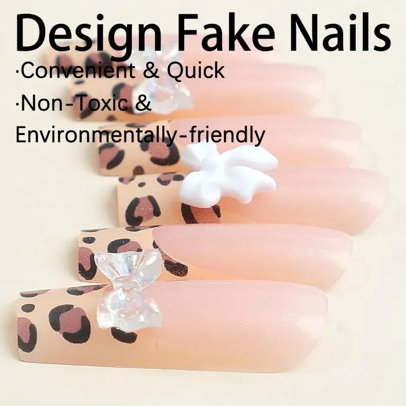 24Pcs French False Leopard Nails Tips 3D Bow Design Press on acrilico Nail Long Ballerina Full Cover Stick On Nail for Women