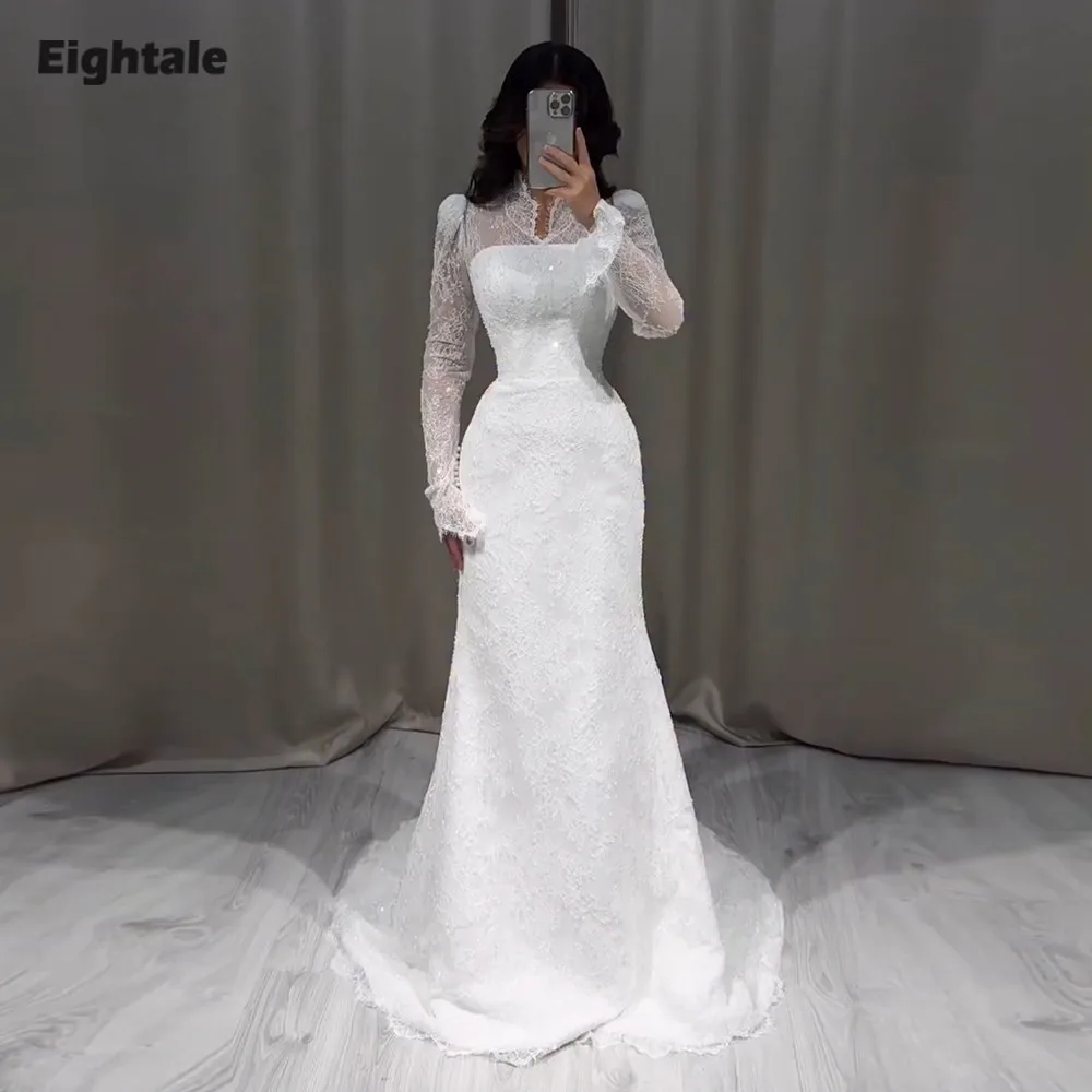 Eightale Arabic Wedding Dress Lace V-Neck Customized White Ivory Long Sleeves Muslim Bridal Gown Mermaid Bride Party Dress