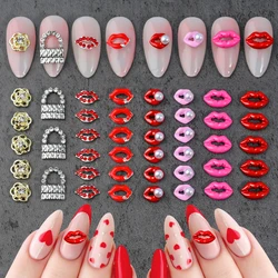 10Pcs/Lot Dimond Luxury Lips Nail Charms 3D Alloy Rhinestone Pearl Red Lips Nail Art Decoration Valentine's Day Nail Accessories