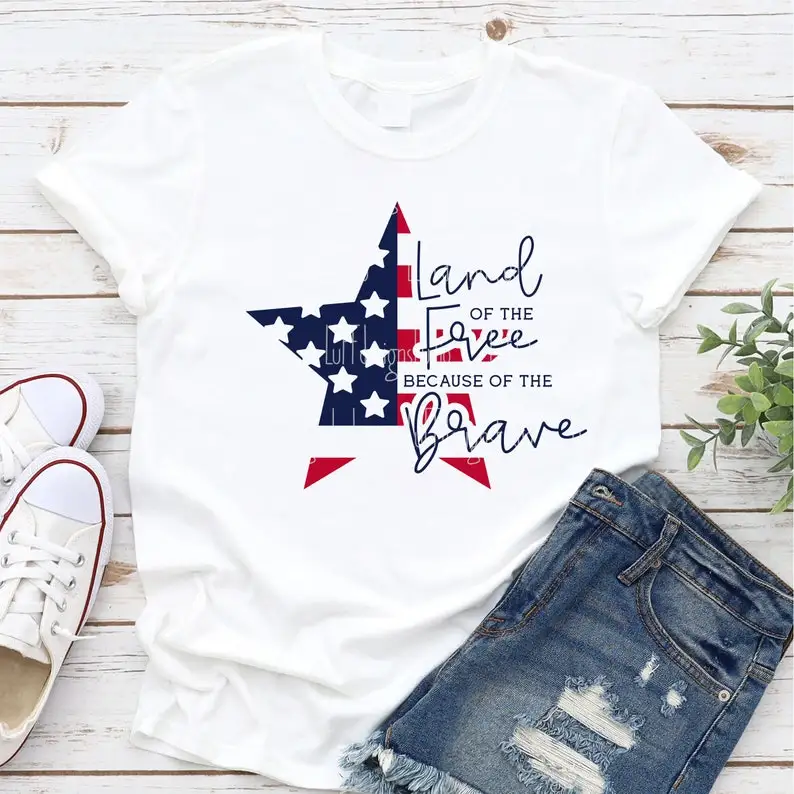 Land of the Free 4th of July American Flag Star Patriotic Files For Sublimation Short Sleeve Top Tees O Neck 100%cctton Harajuku