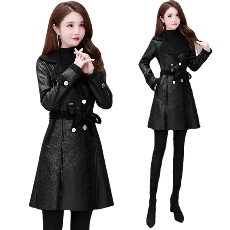 Women\'s leather jacket autumn and winter new westernized loose lace up casual thickened leather winter faux fur coat trench