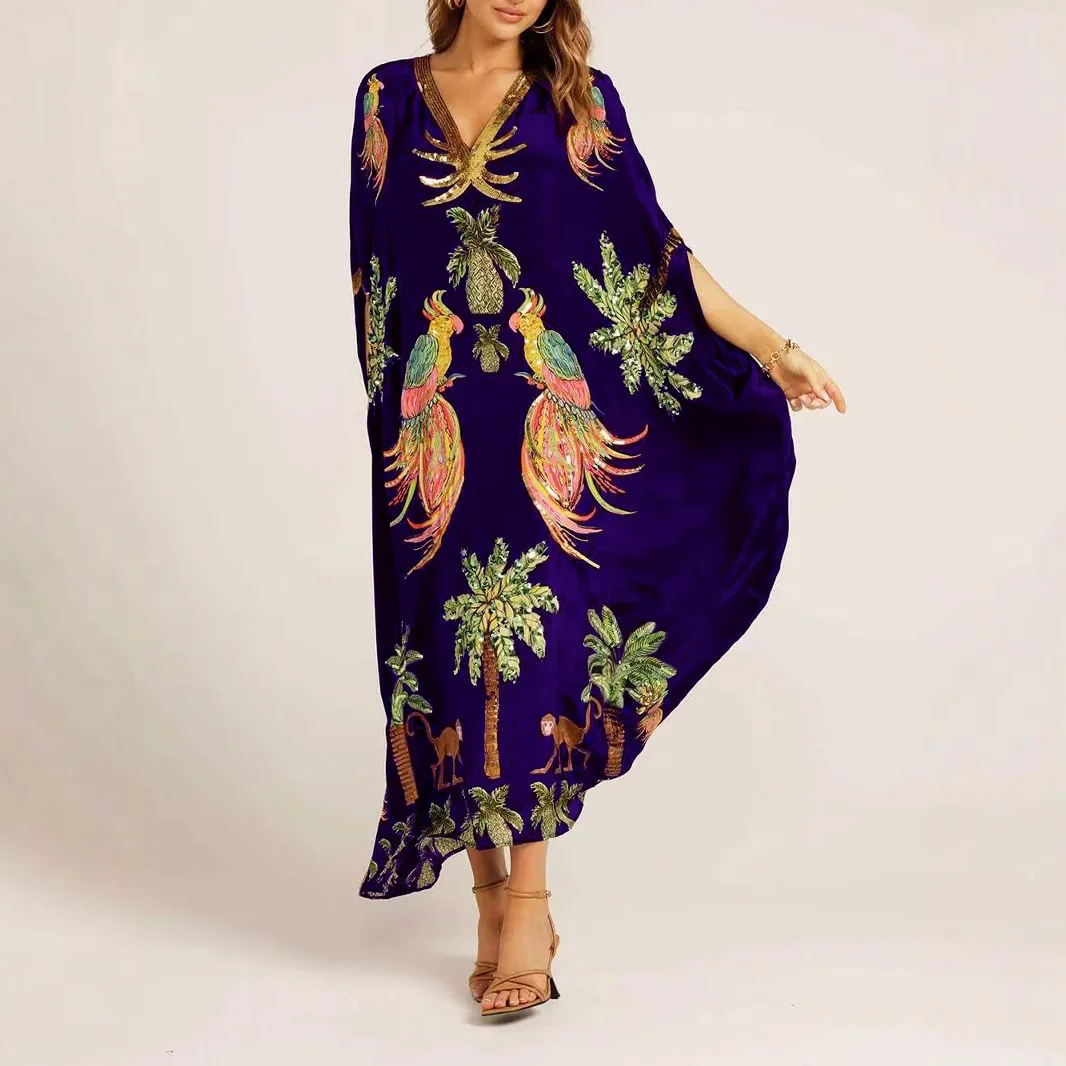 2025 New Spring V-neck A-line Dress Fashion Animal Pattern Printed Loose Dress Retro Women's Dress