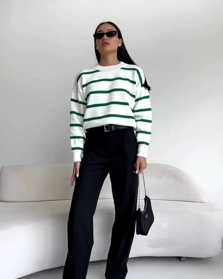 

Свободный круглый вязаный свитер в полоску Ne, универсальный повседневный длинный светящийся женский осенний свитер Faion Commute Sle