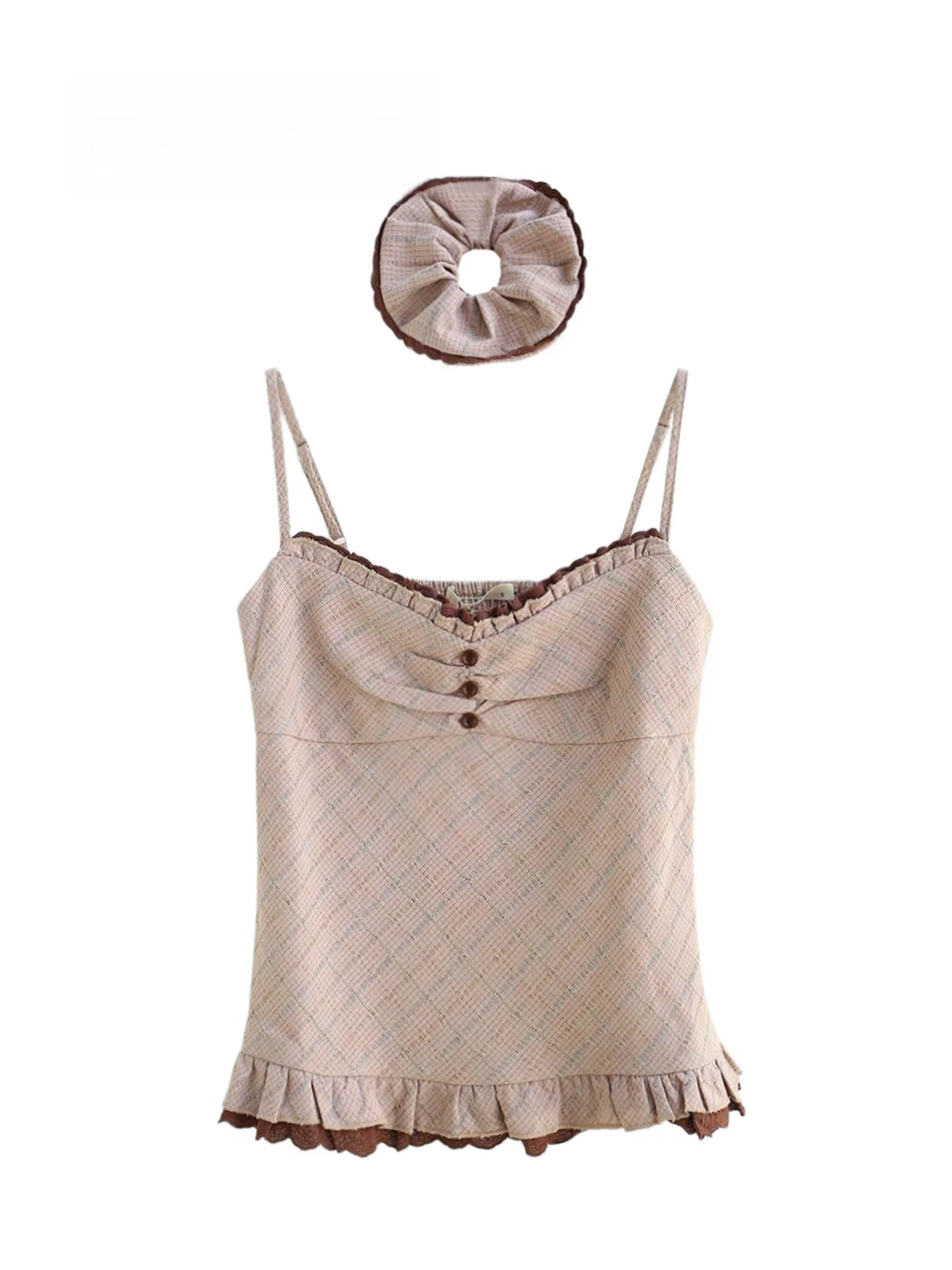 Short Plaid Lace Trim Halter Neck Vest Top 2 for 5 Checkered Wood Grain  Head Flower Women's Commute Style Slim Fit Outer...