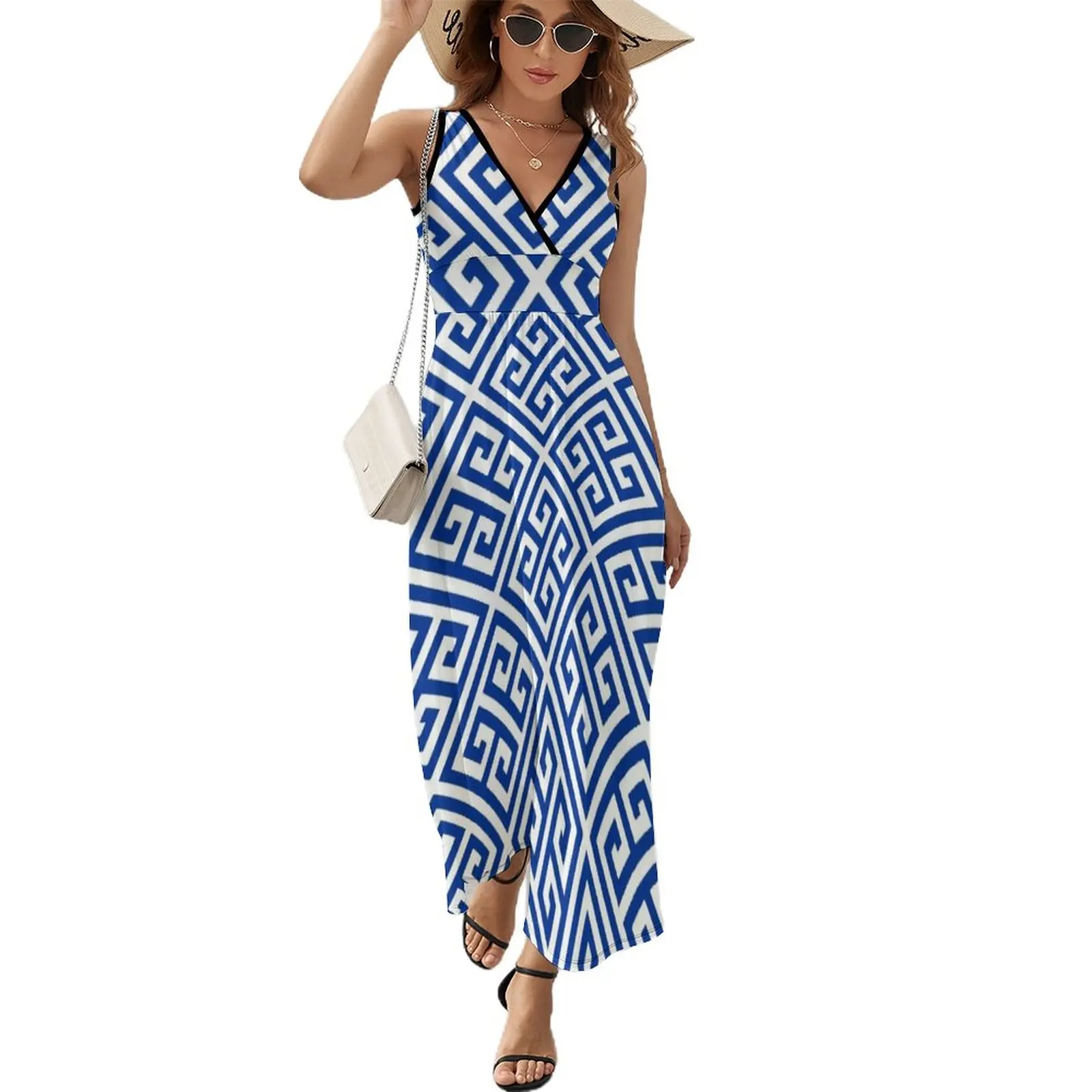 Meandros - Greek meander white and blue design. Sleeveless Dress birthday dress for women luxury 2023 Beachwear