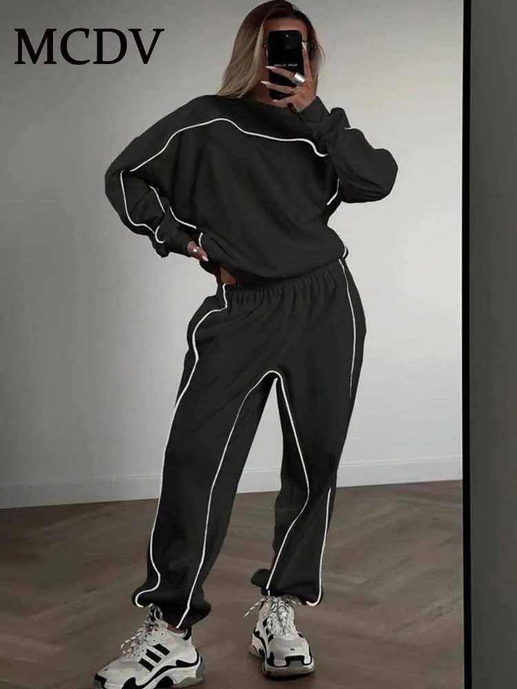 

MCDV осенне-зимние спортивные костюмы, женские повседневные полосатые толстовки с длинными рукавами, комплект брюк для бега, модная спортивная уличная одежда 2025 г.