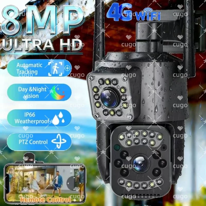 

8MP 4K WIFI IP Camera Dual Lens PTZ 4G SIM Card 10X Zoom Outdoor Webcam Alarm Smart Home CCTV Security Protection Monitor Cam