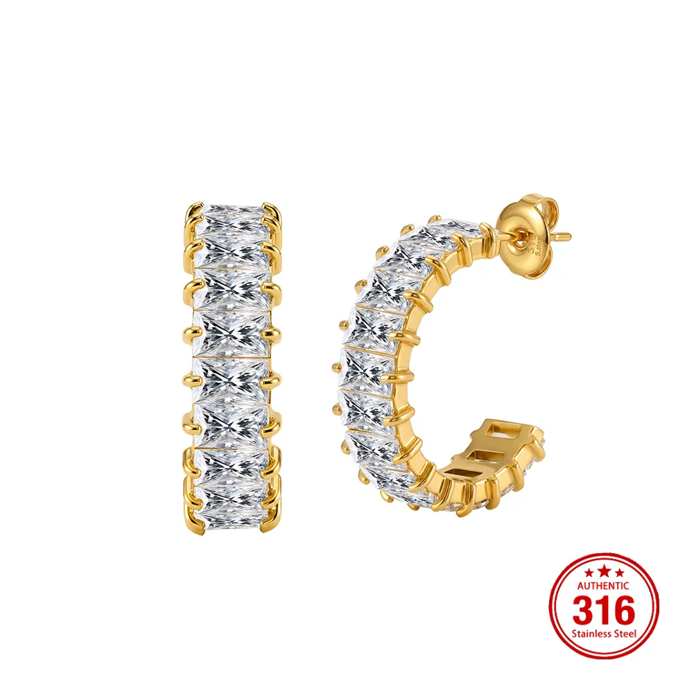 KISS MANDY Stainless Steel Irregular C Shape Hoop Earrings Trend Unique Design Elegant Zircon Jewelry Gift Wholesale HTKE03
