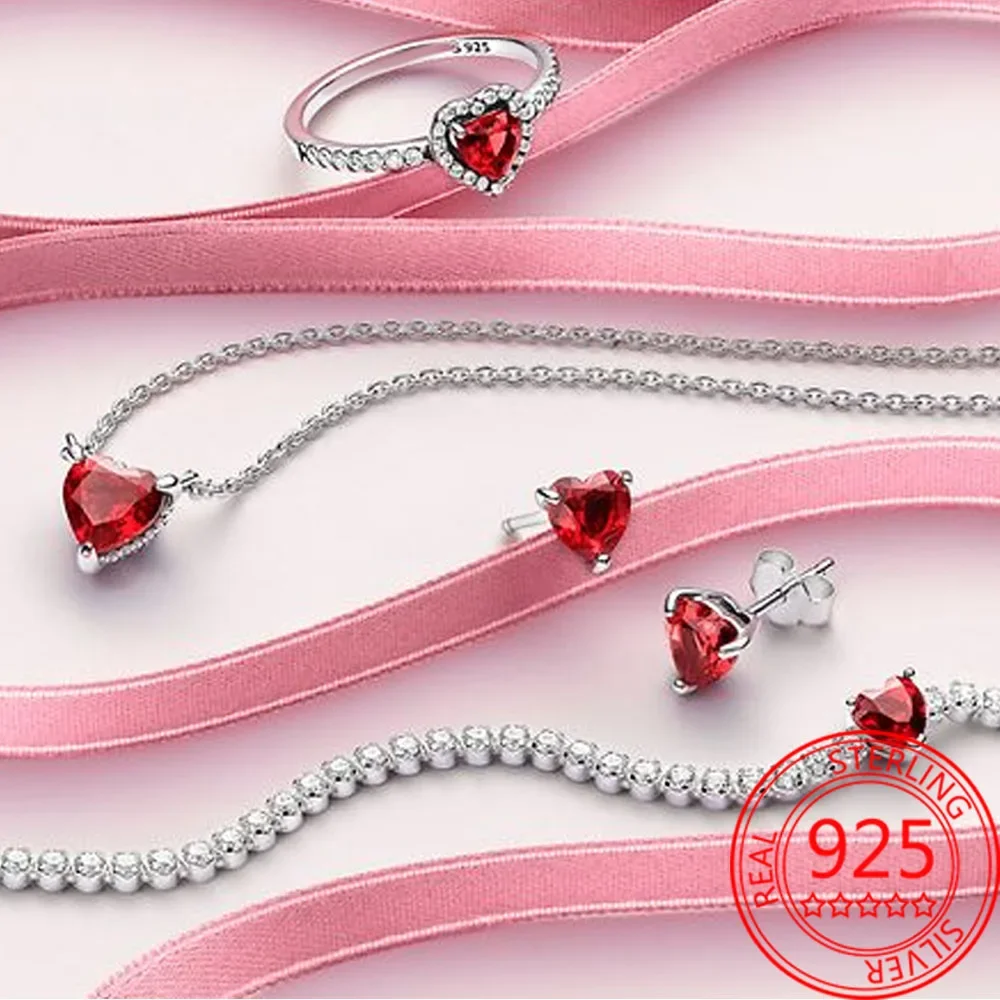 Nova 925 Sterling Silver Sparkling Coração Halo Pingente Collier Colar Red Heart Ring Rodada Hoop Brincos Mulheres Jóias Set Gift