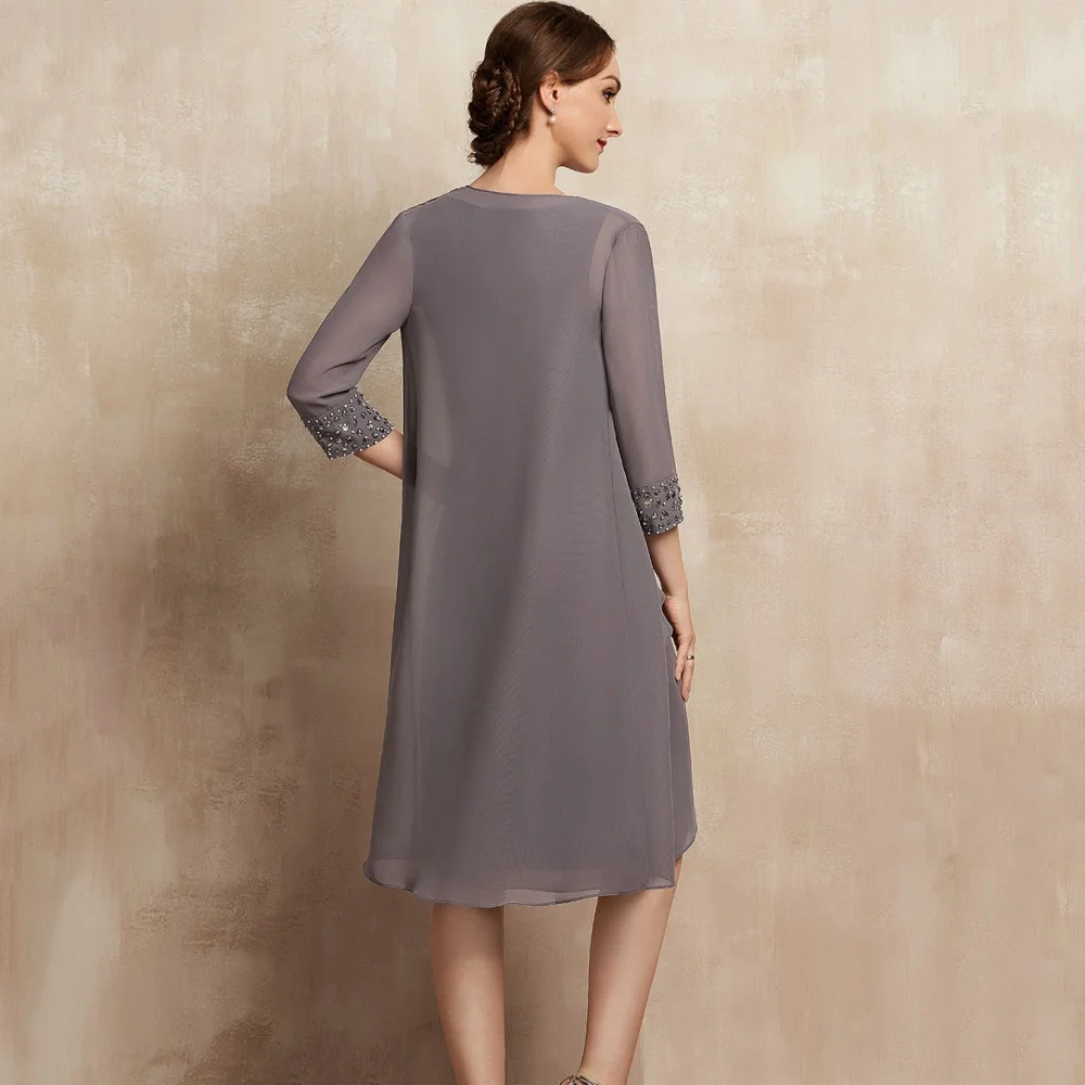 Customized Mother Dresses O Neck Elegant Formal Gown A Line Knee Length Bride Party Dress Crystal Chiffon robes invitée mariage