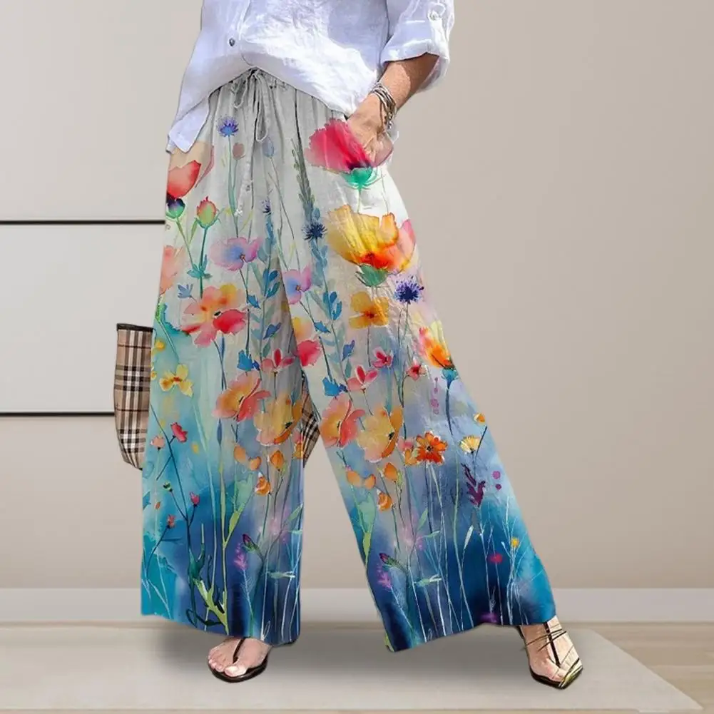 

Digital Print Pants Women Digital Print Casual Pants Stylish Women's Floral Print Wide Leg Pants with Adjustable for Summer