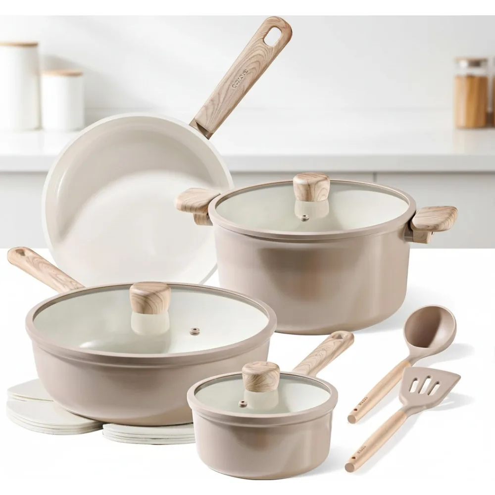 

12Pcs Ceramic Cookware Set Non-Stick PFAS/PFOA Free Healthy Kitchen Pots Pans Taupe