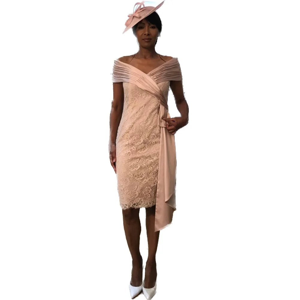 

Mother Of The Bride Dresses Knee Short Nude Champagne Off The Shoulder Drapped Sheath Africa Marriage Wedding Party Guest Gowns