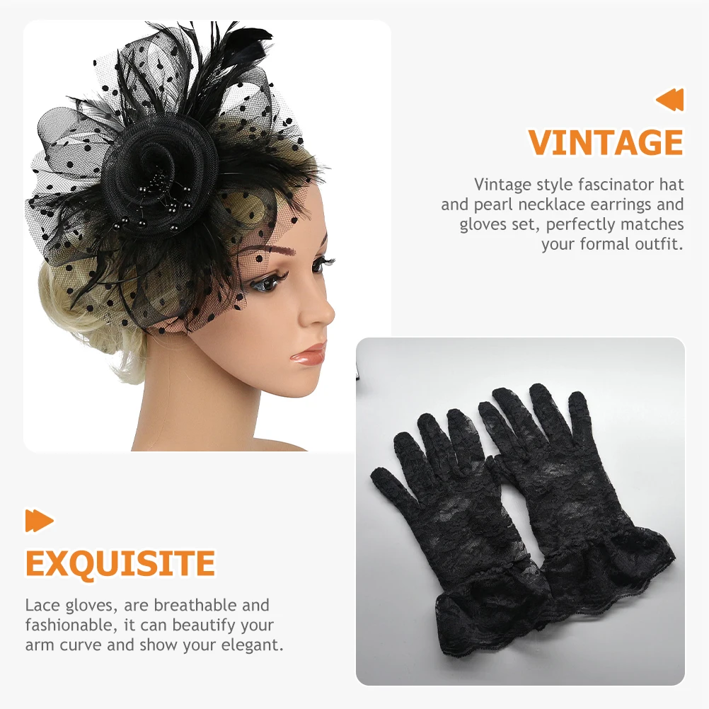 

Classic Fascinator Hat Mesh Veil Pearl Necklace Earring Set Lace Gloves Women Tea Party Bridal Shower Wedding Accessories Black
