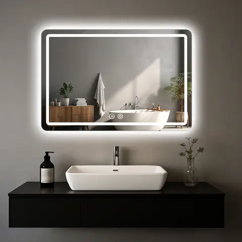Espelho de Banheiro LED Montado na Parede, Espelho de Maquiagem Antiembaçante com Luzes, Espelhos de Banheiro Iluminados com 3 Cores e Dimerização Gradual, Espelho Retangular para Banheiro