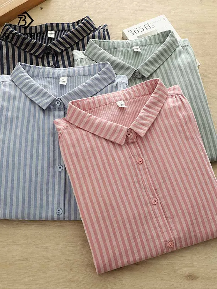 

New 2025 Summer Cotton Yarn 3/4 Sleeve Shirt, Women Turn-down Collar Striped, Mori Girl Casual Versatile Loose Blouse T57618CC