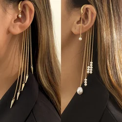 Lacteo Trendy Rivet Long Tassel Ear Clip Ear Cuff for Women Girls Exquisite Imitation Pearls Decor Clip Earrings Party Jewelry