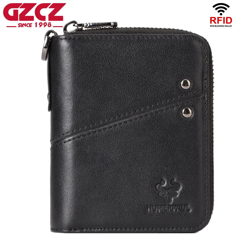 GZCZ 100% Original Genuine Leather Wallet For Men Luxury High Quality Credit Cards Storage Bag With Coin Pocket Anti theft Chain