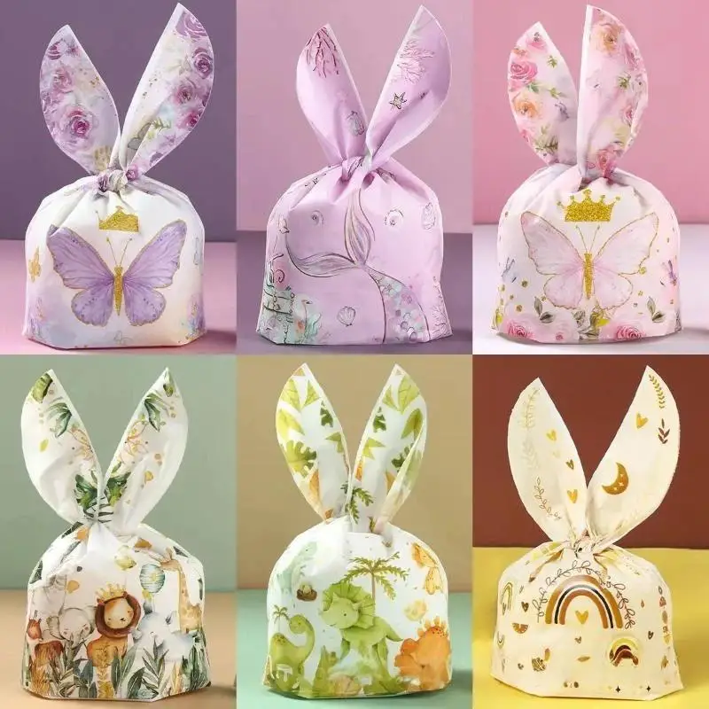 50Pcs Cute Bunny Ear Gift Bags Reusable Printed Candy Snack Pouches for Easter Party Baby Shower Treat Packaging