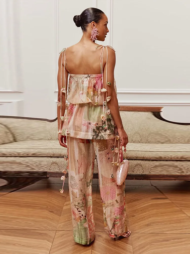3D-Blumenbedruckte Spitzen-Oberteile mit Schnürung und Hosenanzüge für Damen, sexy ärmellose, rückenfreie, schmale Oberteile, weit geschnittene Hosen, charmante Damen-Outfits, neu – Detail 14
