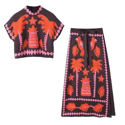 2024 ZAR4 Summer New Women's Fashion Style Design Sense Round Neck Top Half Skirt Positioning Print Set