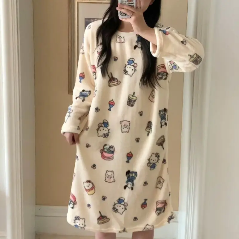 

Hello Kitty Women's 2025 Winter Flannel Nightgown Long Sleeve Coral Fleece Cute Plush Warm Cozy Home Sleepwear