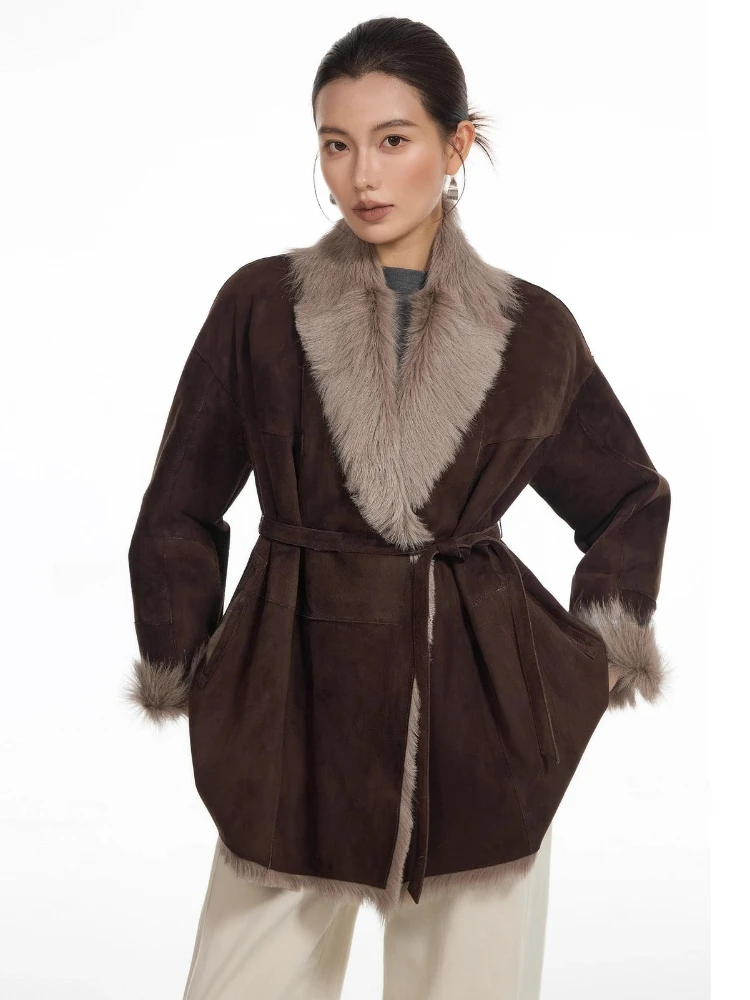 High-end luxe Toscana lamsbont winter suède jassen voor dames eenvoudige elegante lederen echt bont shearling jas met riem