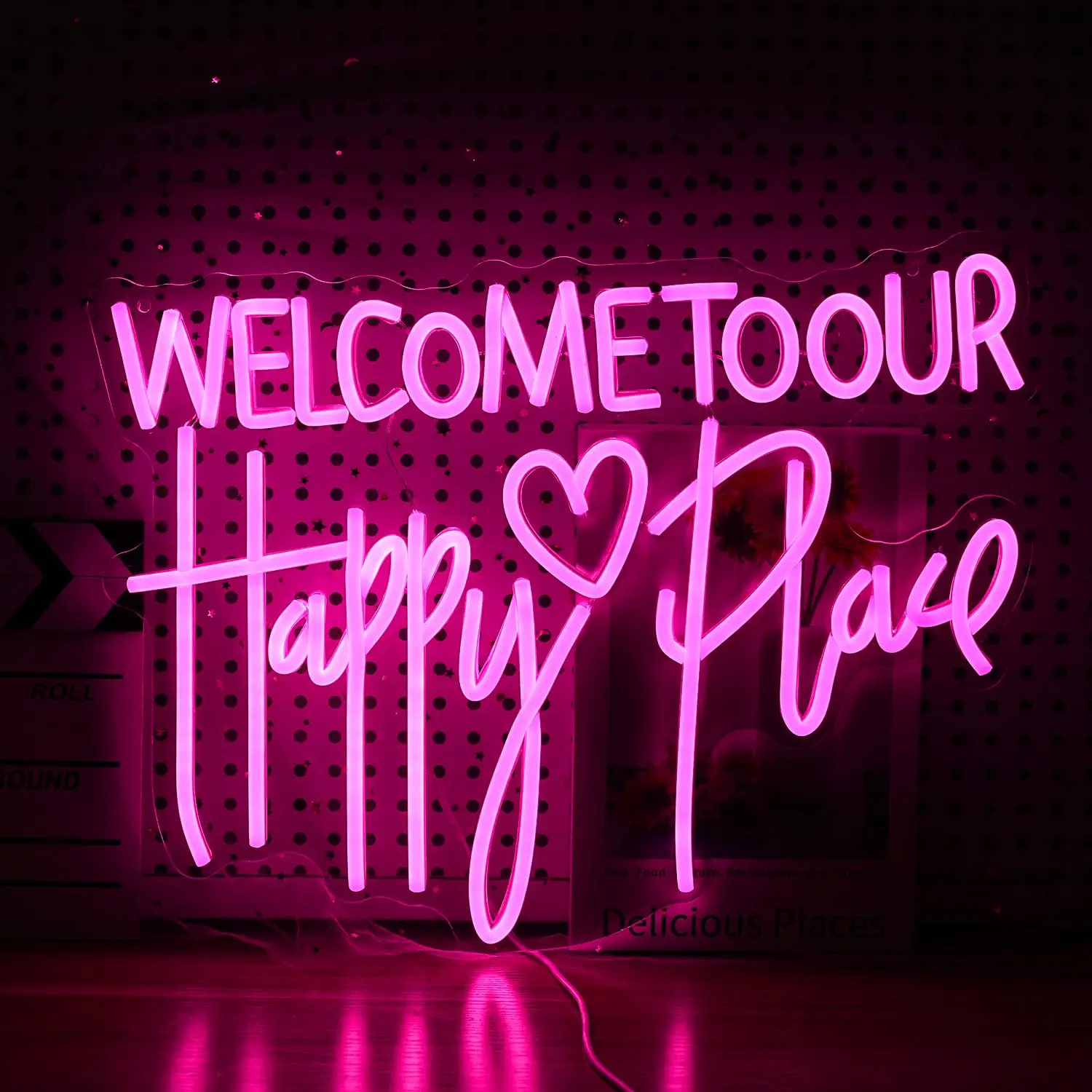 

Welcome To Our Happy Place Neon Sign LED Light Wall Decor Dimmable Happy for Bedroom Wedding Party Home Decor