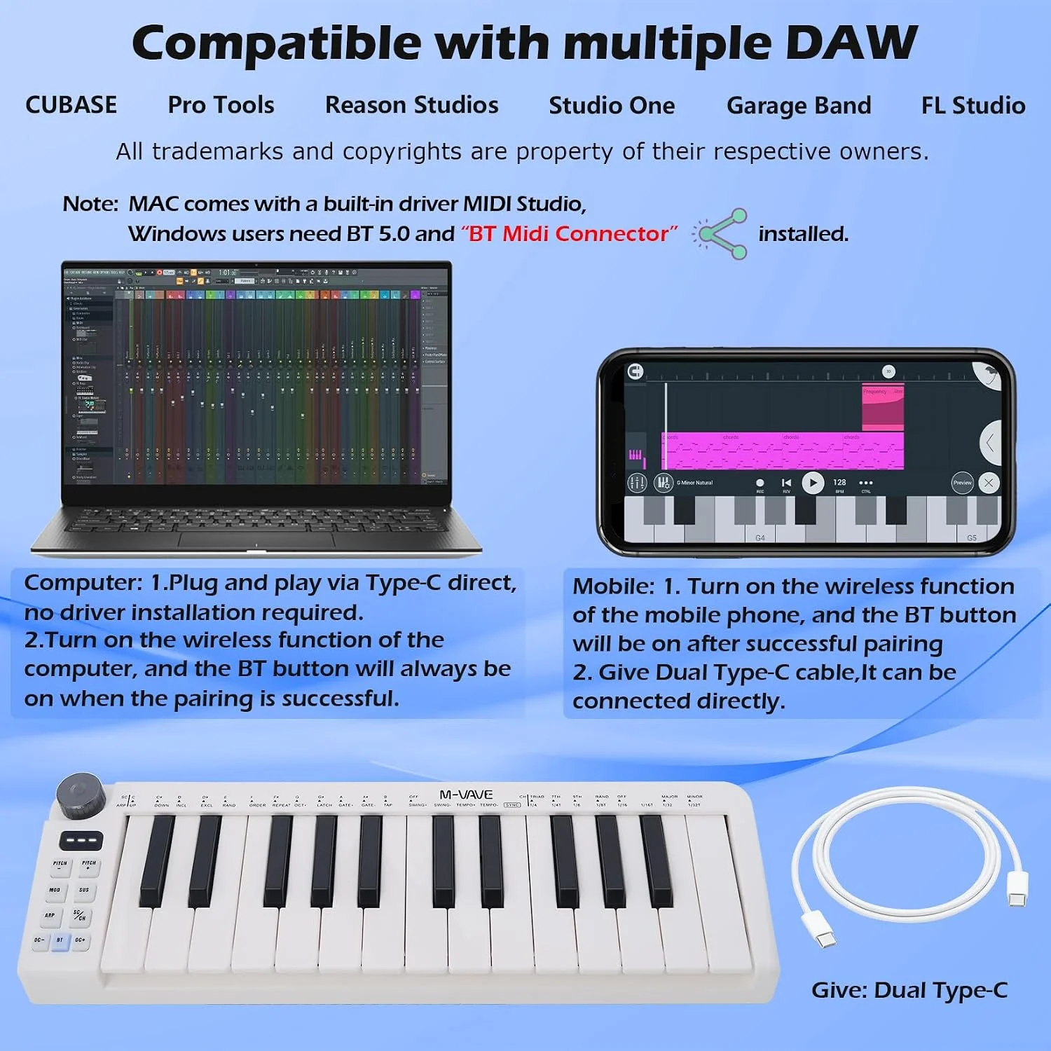 M-VAVE SMK-25 Mini MIDI Keyboard, 25 Velocity-Sensitive Keys, Rechargeable USB-C Portable Controller for PC/Mac/iOS